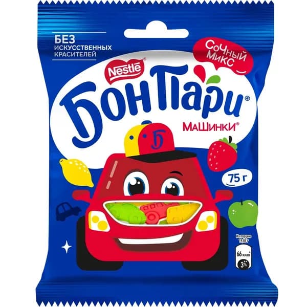 Бон Пари . Машинки. Мармелад жевательный фигурный со вкусом фруктов, 75г