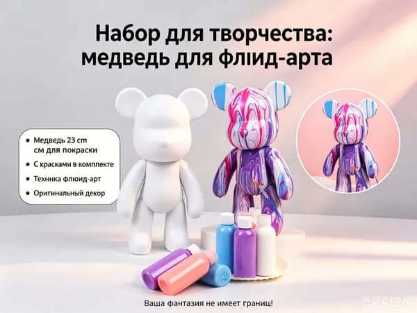 Набор для творчества: белый медведь для жидкой акриловой покраски, 23 см, с красками