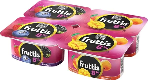 Продукт йогуртный FRUTTIS Суперэкстра Абрикос, манго/Лесные ягоды 8%, без змж, 115г 8 шт.