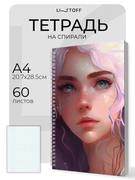 Тетрадь в клетку А4 Listoff, 60 листов, евроспираль, матовая ламинация