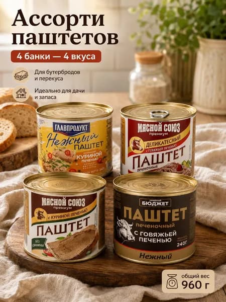Ассорти паштетов 4 шт по 240 г, Мясной Союз, Семейный Бюджет и Главпродукт