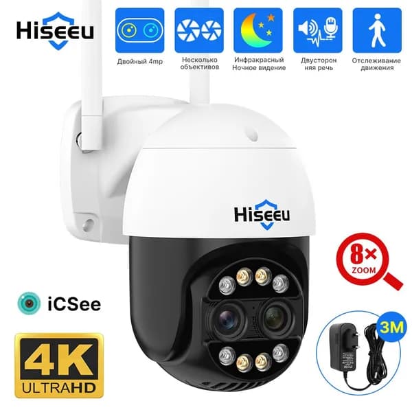 Hiseeu 4K 8MP двойная линза PTZ Wifi IP камера 8X зум на открытом воздухе HD полноцветные камеры наблюдения