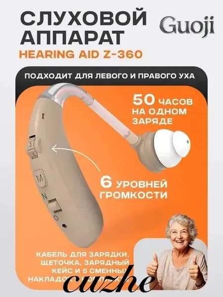Слуховой аппарат Hearing Aid Z-360, бежевый, с кейсом, кабелем и сменными насадками в комплекте / усилитель звука для пожилых и слабослышащих