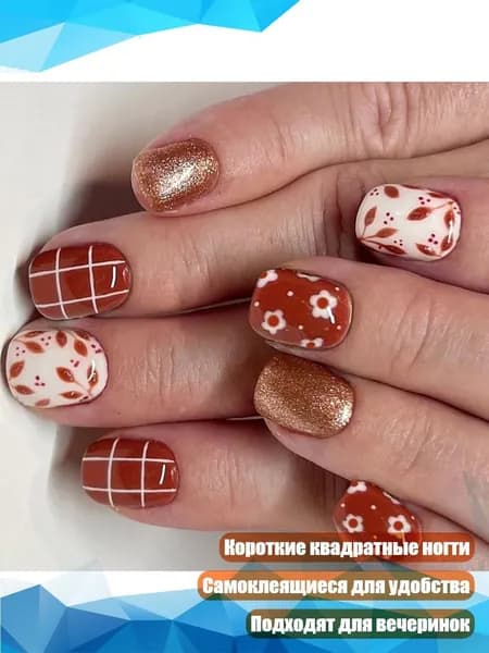 24 блестящих накладных ногтей с цветами и линиями