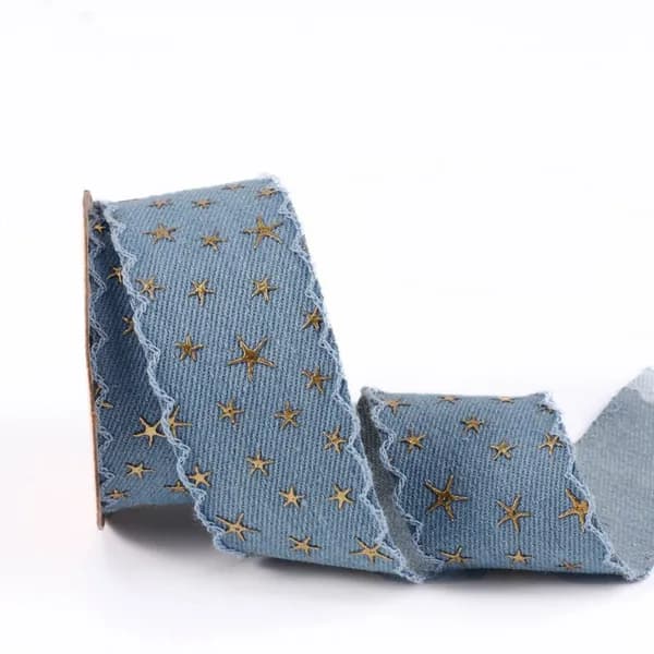 Синяя джинсовая лента с золотой звездой,4 cm,1,8 м