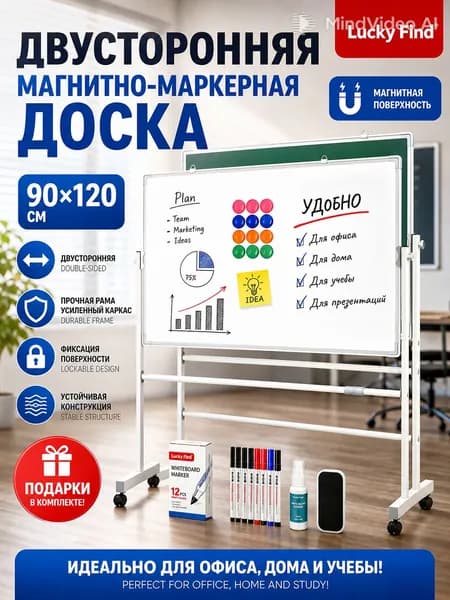 Вращающаяся двусторонняя магнитная доска для разметки, 90х120 см, с полкой, передвигающаяся на ножках с колесиками, двусторонняя, белый + зеленый