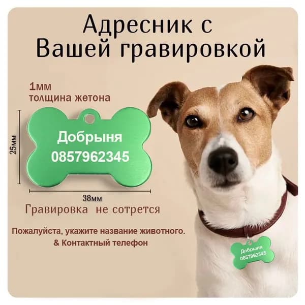 Адресник для собак и кошек с гравировкой большая зелёная Косточка 38*25мм Индивидуальная настройка