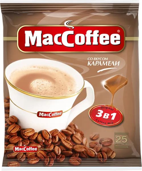 Растворимый кофейный напиток MacCoffee Caramel (МакКофе) со вкусом Карамели 3 в 1, 25 пакетиков кофе по 18г.