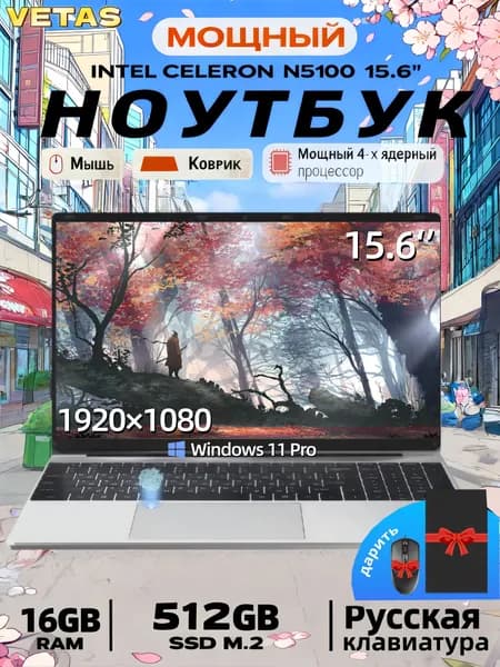 VETAS игровые ноутбуки N5100 Система Windows активирована RAM16GB+SSD512GB Игровой ноутбук 15.6", Intel Celeron N5100, RAM 16 ГБ, SSD 512 ГБ, Intel UHD Graphics, Windows Pro, серебристый, Русская раскладка