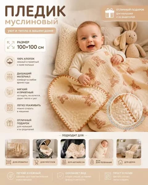 xiong.xiong Плед двусторонний, плюшевый , Хлопок, 100 см х 100 см