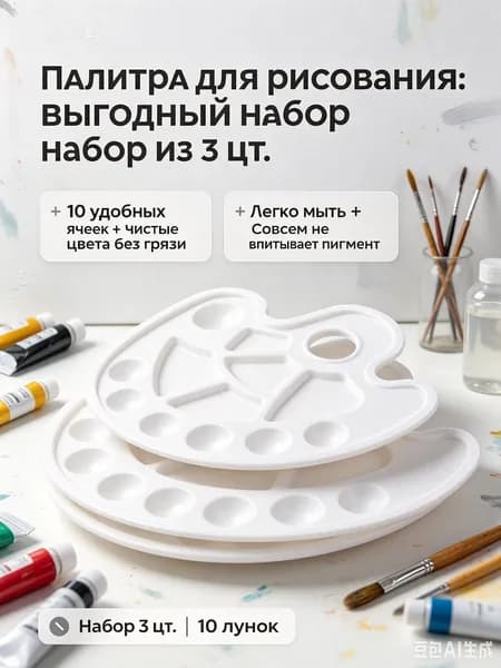 Палитра для рисования, набор 3 штуки пластиковая на 10 ячеек-овальная для смешивания красок, для акварели гуаши и акрила, детская и профессиональная, белая.
