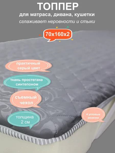 Топпер Grey Fiber серый для матраса, дивана 70х160х2 см