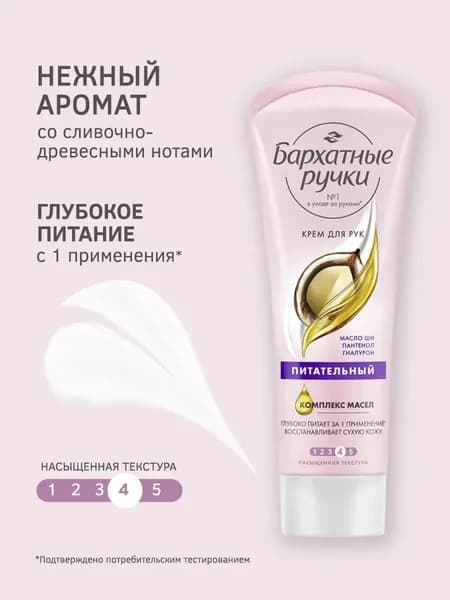 Крем для рук Бархатные Ручки питательный с маслом ши и гиалуроном для сухой кожи, 80 мл.