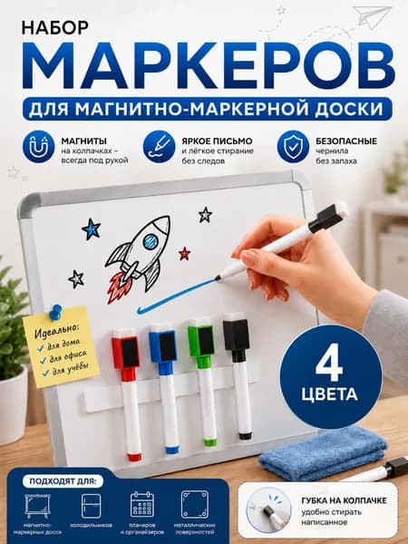 Маркеры на водной основе для магнитной доски и с губкой стираемые, 4 шт (без магнита)