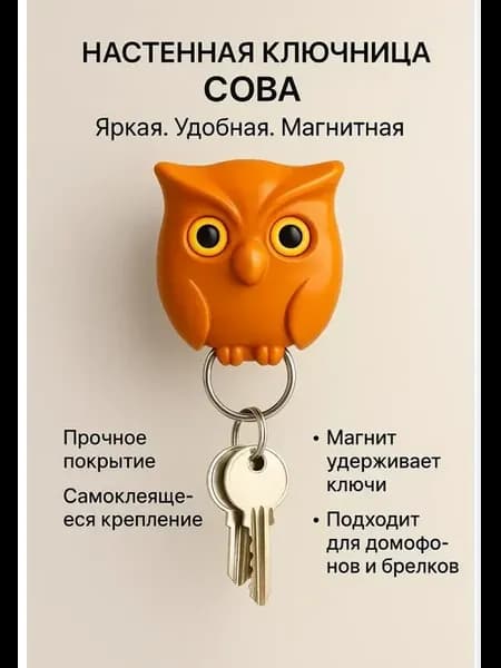 Настенная ключница Сова коричневая магнитная для ключей