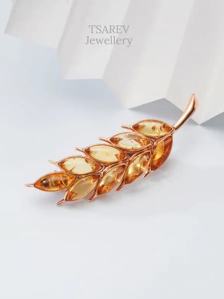 TSAREW Jewellery Брошь женская серебро 925 пробы, Брошь Колосок с натуральным янтарем
