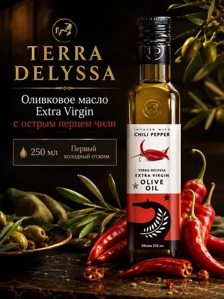 Органическое оливковое масло Extra Virgin с перцем чили TERRA DELYSSA 250 мл, нерафинированное, первого холодного отжима, для салатов, пасты, пиццы, мяса и маринадов