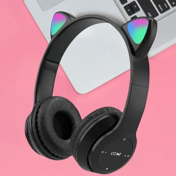Беспроводные Bluetooth-наушники с кошачьими ушами и светодиодной подсветкой, черные
