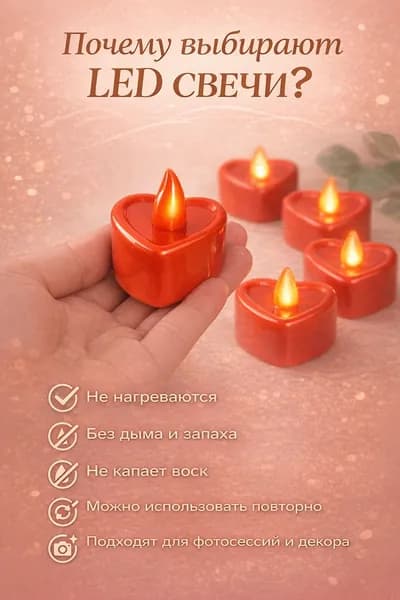 LED свечи в форме сердца, набор 6 шт