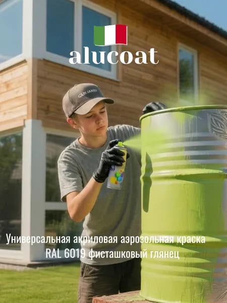 Аэрозольная акриловая краска ALUCOAT универсальная, RAL 6019 фисташковый глянцевый, 400мл