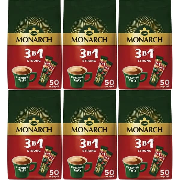 Кофейный напиток Monarch Strong 3 в 1 растворимый 13 г х 50 шт, набор: 6 штук
