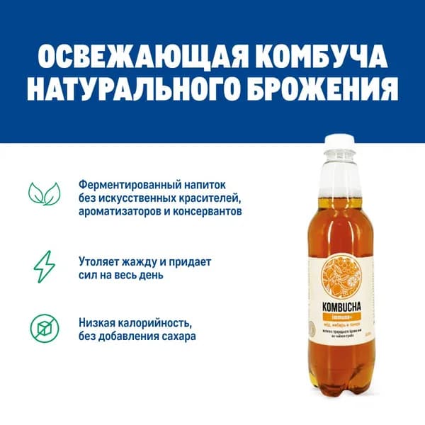 Напиток на чайном грибе Комбуча Absolute Nature Immuno+ с имбирем, медом и соком плодов лимона, 555мл