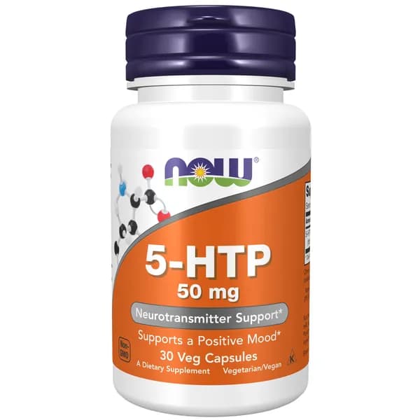 NOW, 5 HTP (5 гидрокситриптофан), 50мг 30 растительных капсул, веган, Аминокислоты, для похудения, для сна, от стресса