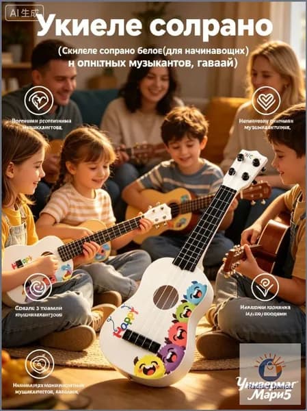 Укулеле сопрано белое (Детская Укулеле, Игрушечная Гитара для детей)