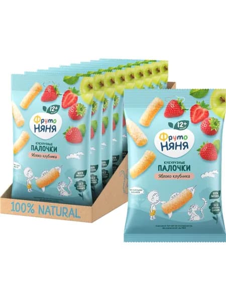 Палочки кукурузные детские ФрутоНяня яблоко клубника 20 г х 9 шт