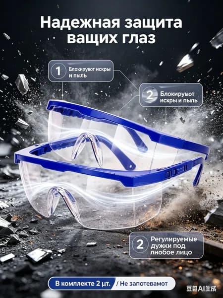 Защитные очки закрытого типа, набор 2 шт прозрачные с регулируемыми дужками-поликарбонатные, для строительных работ ремонта и лаборатории
