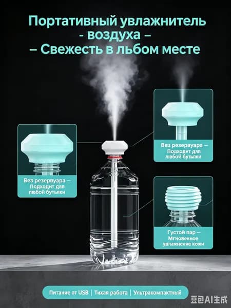 Увлажнитель воздуха, ультразвуковой мини-HUM-PORT-USB, портативный на бутылку для воды, настольный климатический девайс для офиса/авто/спальни.