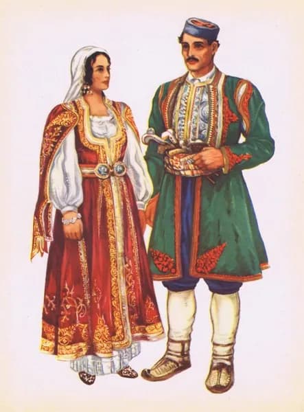 Черногорский народный костюм (Рисан). Владимир Кирин. Антикварная хромотипия. Югославия, 1954 год