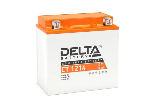 Стартерный мото аккумулятор Delta CT 1214, напряжение 12В, емкость 14Ач, клемма Болт + гайка 6 мм; Кол-во элементов 6