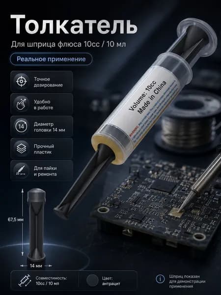 Толкатель-плунжер для шприца флюса 10 мл / 10cc, поршень-дозатор 14 мм, 1 шт