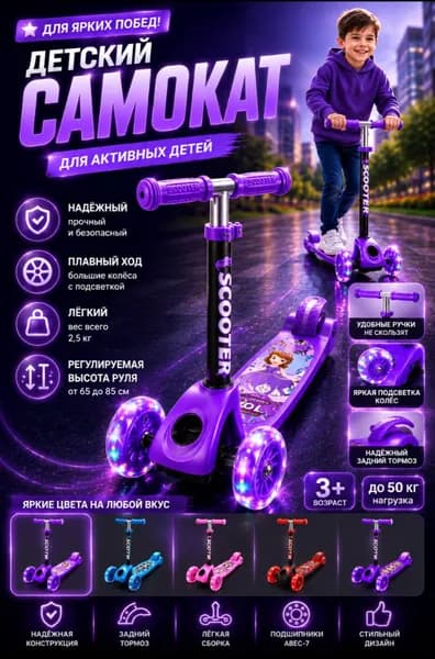 Самокат детский фиолетовый, фиолетовый