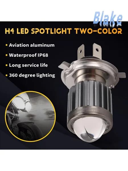 Светодиодная фара H4 для мотоцикла, компактная led-лампа с интегрированным двухцветным модулем 3000K/60000K, IP68, 12 80 В