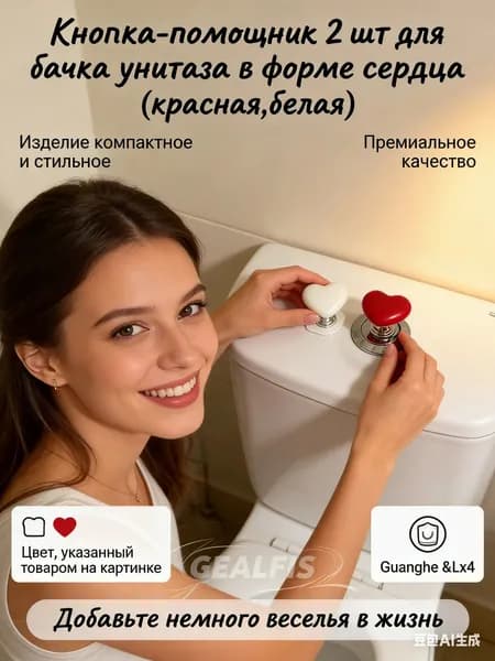 Аксессуар для ванной Сердечко GEALFIS, 2 кнопки-помощника для бачка, красные и белые, сочетают в себе помощь пожилым и элемент декора