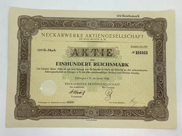 Акция Германия. Производство и распределение электричества Neckarwerke 100 Рейхсмарок 1928 год. №82