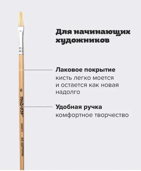 Кисть плоская, № 6, лакированная ручка, ЩЕТИНА // ПИФАГОР