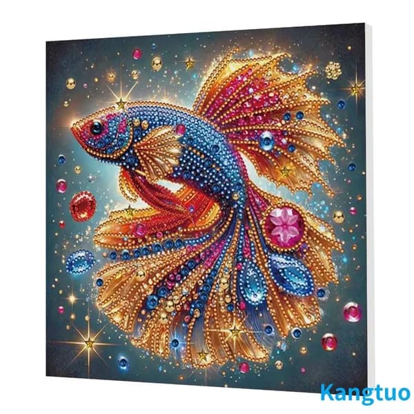 Диамантная картина Рыба с рамкой, 25 25 см, круглые, фигурные и жемчужные стразы