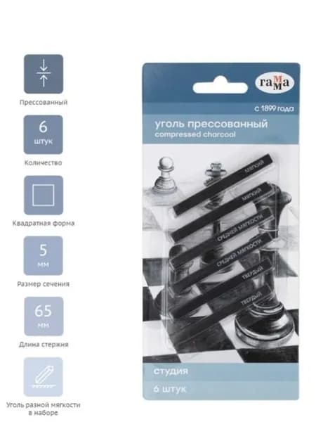 Уголь прессованный Гамма "Студия", ассорти, квадратный, 6шт., блистер, европодвес (080219_08)