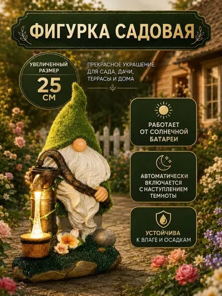 Фигурка садовая на солнечной батарее Гном с водокачкой