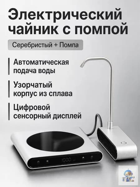 Электрический чайник для заваривания чая с помпой, серебристый с узором ледяных граней, 1000 Вт