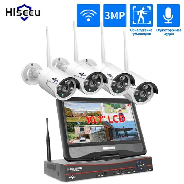 Hiseeu Wi-Fi Комплект камеры видеонаблюденияс монитором 10.1 дюйма,10CH NVR Набор,3MP 4 IP камеры,без жесткого диска,Обнаружение человека,Односторонний аудио,ночное видение,P2P