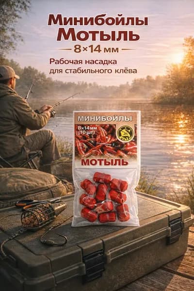 Минибойлы Мотыль, 8*14 мм - искусственная насадка для рыбалки, тонущая, ароматизированная, 10 шт