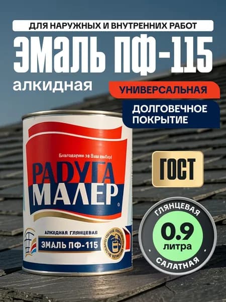 Краска Эмаль ПФ-115 ГОСТ салатная 0,9 кг РАДУГАМАЛЕР / по металлу, дереву, кирпичу, бетону глянцевая / атмосферостойкая для наружных и внутренних работ