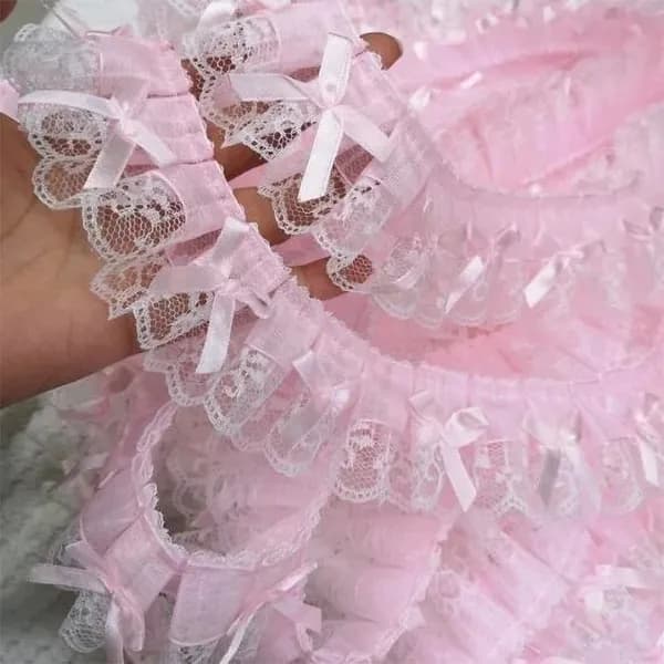 Оборка из кружева с розовыми бантиками 1 ярд Украшение для платьев