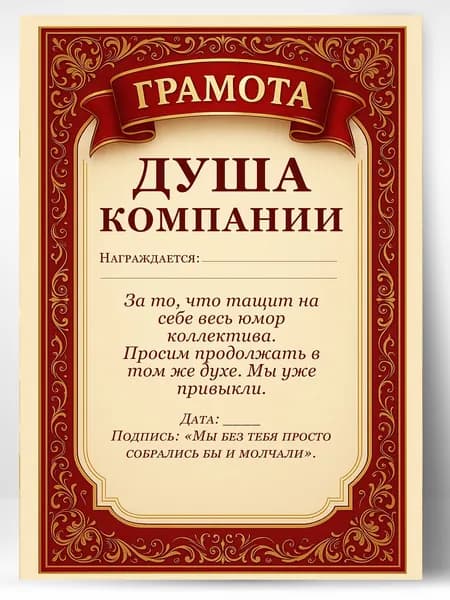 Грамота прикольная в подарок на конкурсы - Душа компании
