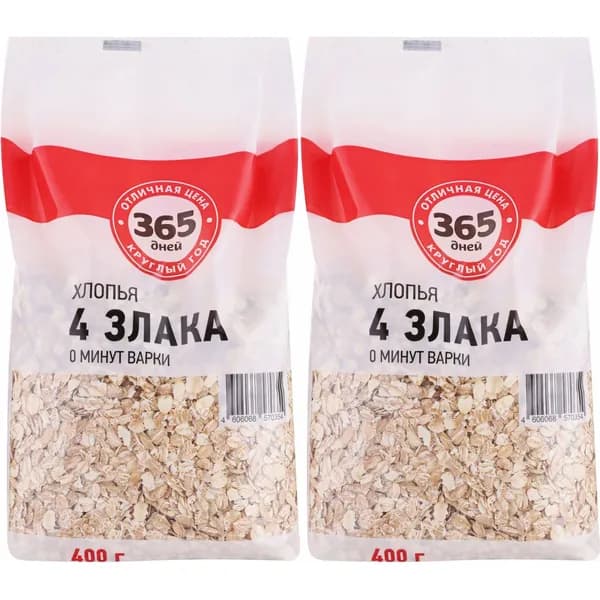 Сухой завтрак хлопья 365 дней 4 злака мультизлаковый готовый к употреблению 400 г, набор: 2 штуки