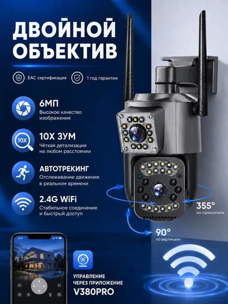 Wi-Fi камера видеонаблюдения с двойным объективом, поддержкой воспроизведения, протокола ONVIF и детекцией движения